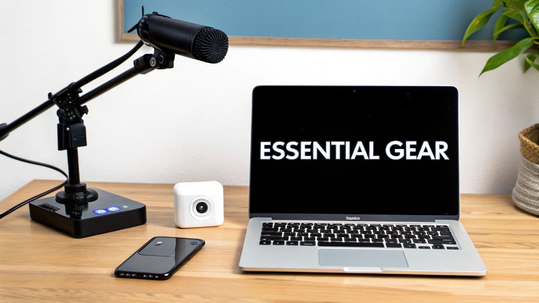 A modern streaming setup with a microphone, camera, laptop displaying 'ESSENTIAL GEAR', and smartphone on a wooden desk.