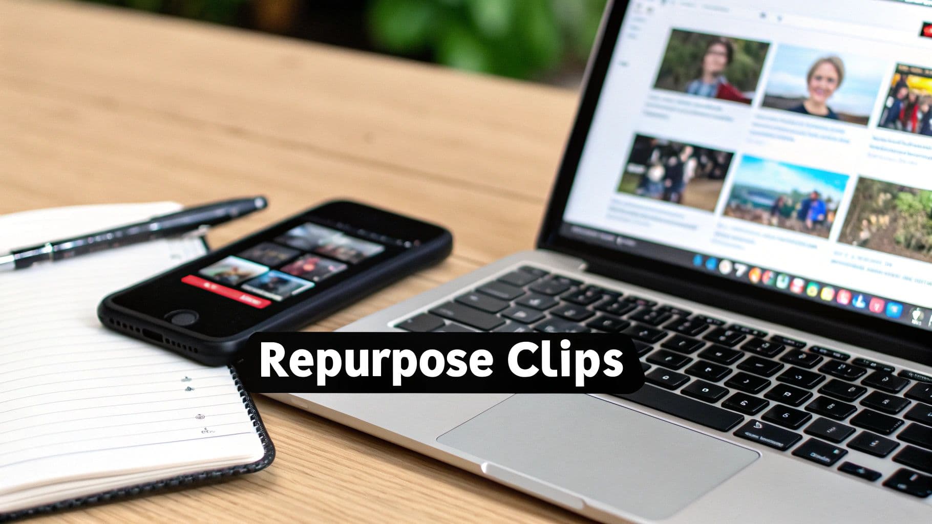 A close-up of a laptop, smartphone, pen, and notebook on a wooden desk with 'Repurpose Clips' text.
