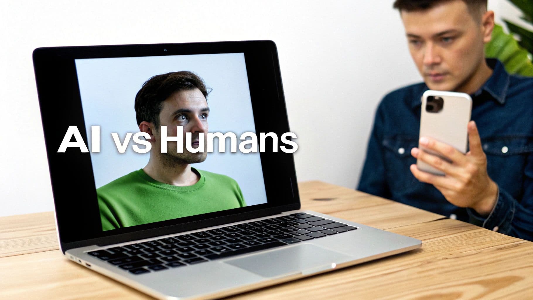 A split image showing an AI-generated person on one side and a human influencer on the other, representing the choice between the two for UGC ads.