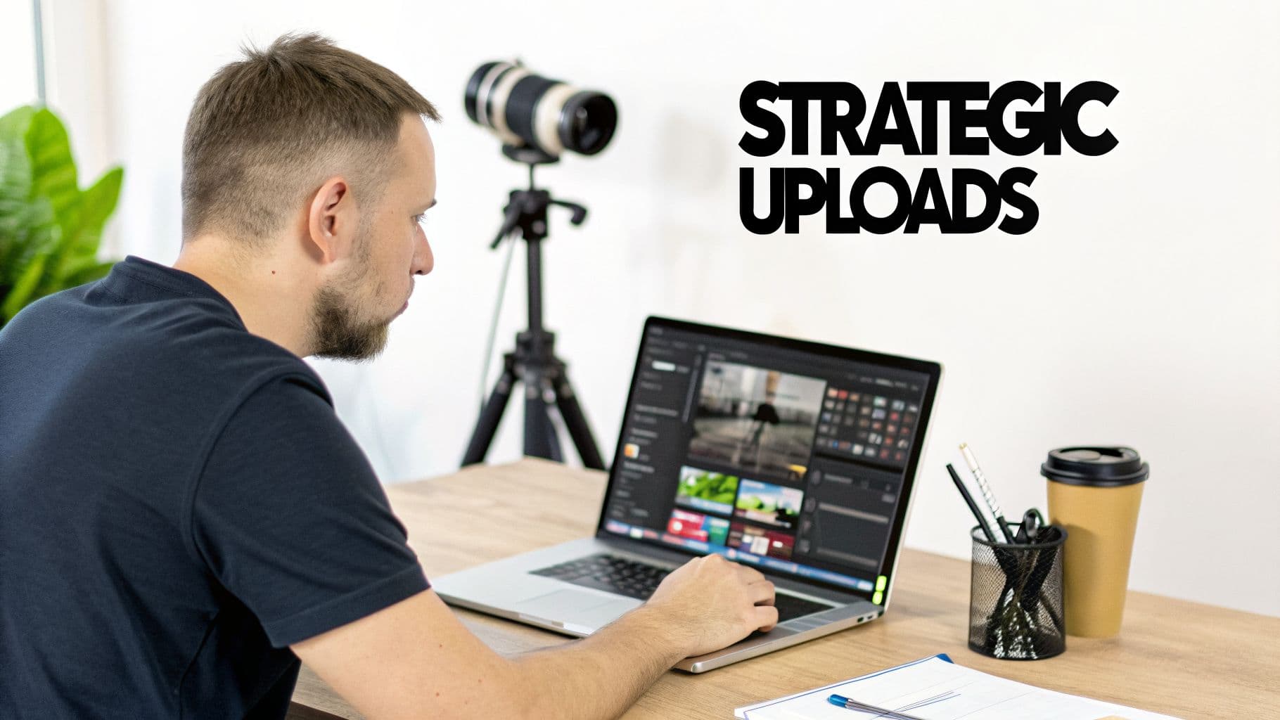 A man uses a laptop for strategic video uploads, with a camera tripod nearby.