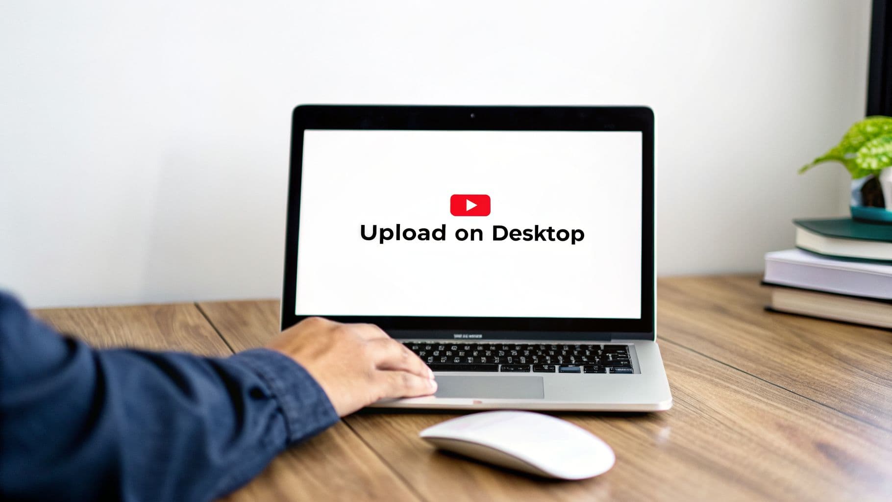 A person's hands on a laptop displaying YouTube's 'Upload on Desktop' screen, with a mouse on a wooden desk.