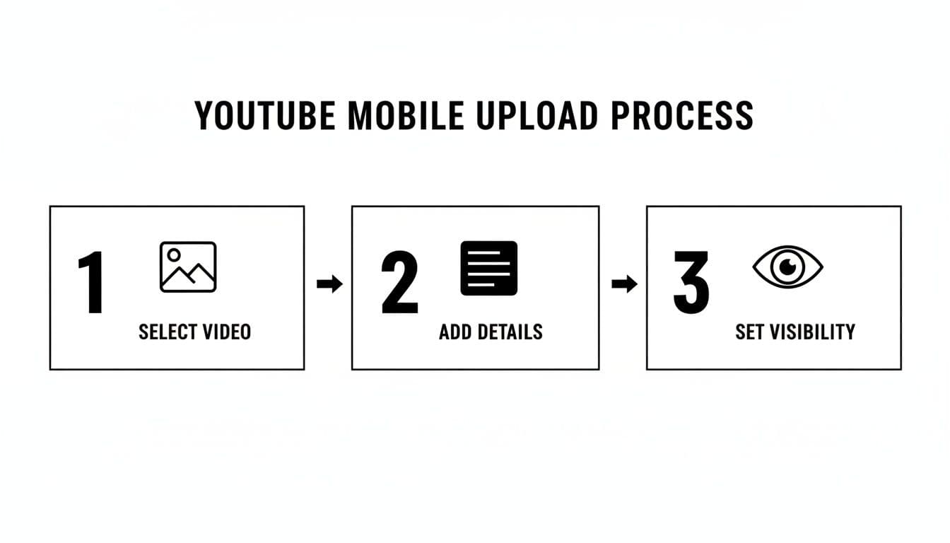 A diagram outlining the three-step YouTube mobile upload process: select video, add details, and set visibility.