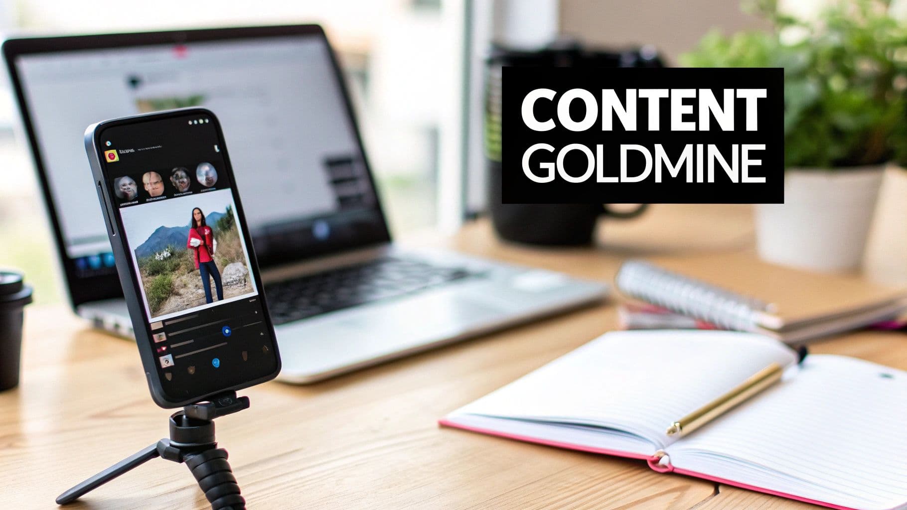 A smartphone on a tripod displays a social media feed, a laptop, and notebooks on a desk, with 'CONTENT GOLDMINE' overlay.