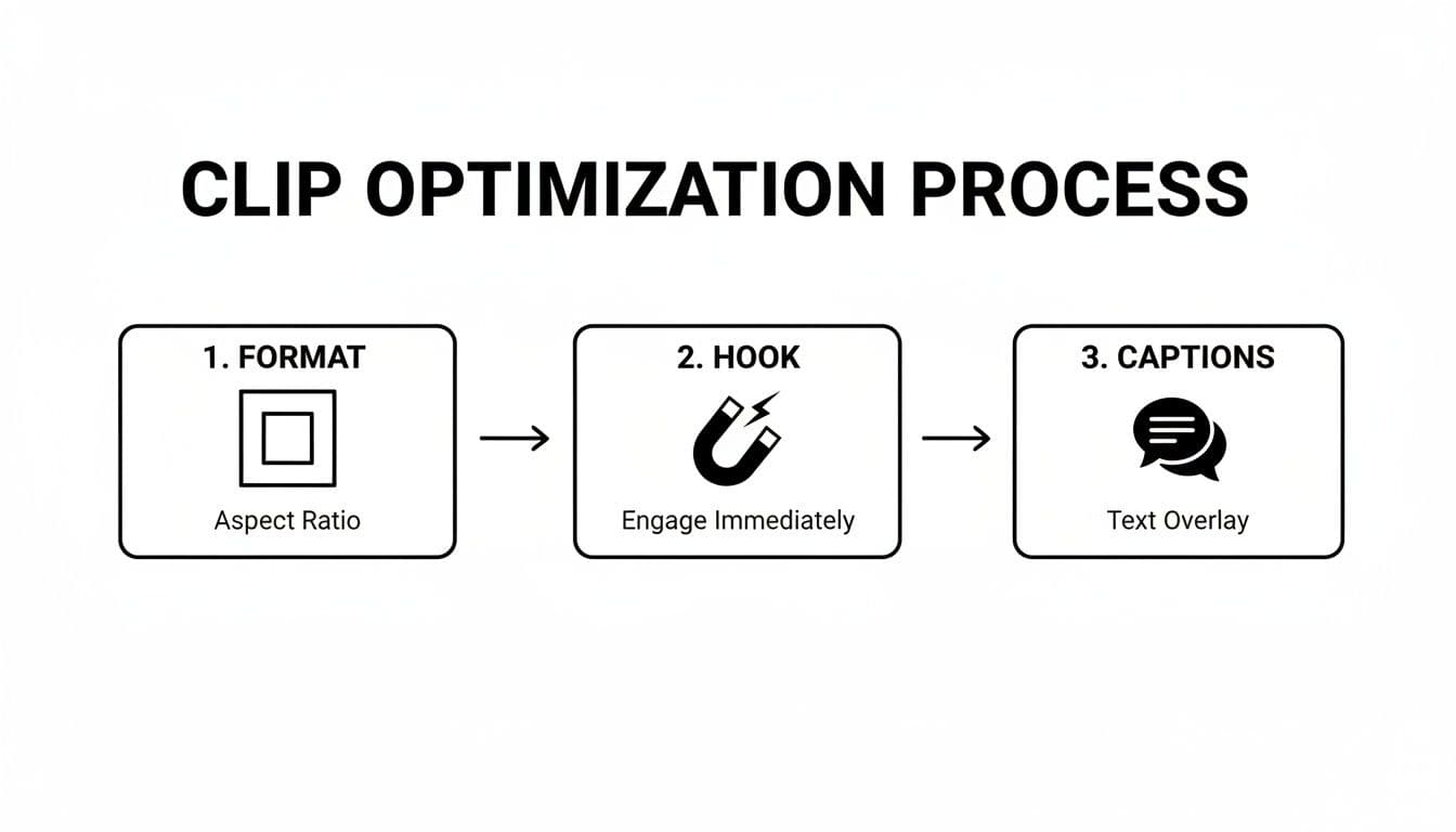 Flowchart illustrating the clip optimization process, covering format (aspect ratio), hook (engagement), and captions (text overlay).
