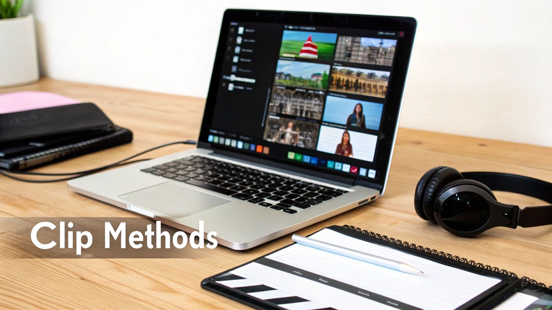 A laptop on a wooden desk displays video editing software with multiple clips, alongside headphones and a clapperboard.