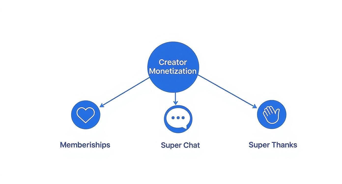 Diagram illustrating YouTube creator monetization methods: Memberships, Super Chat, and Super Thanks.