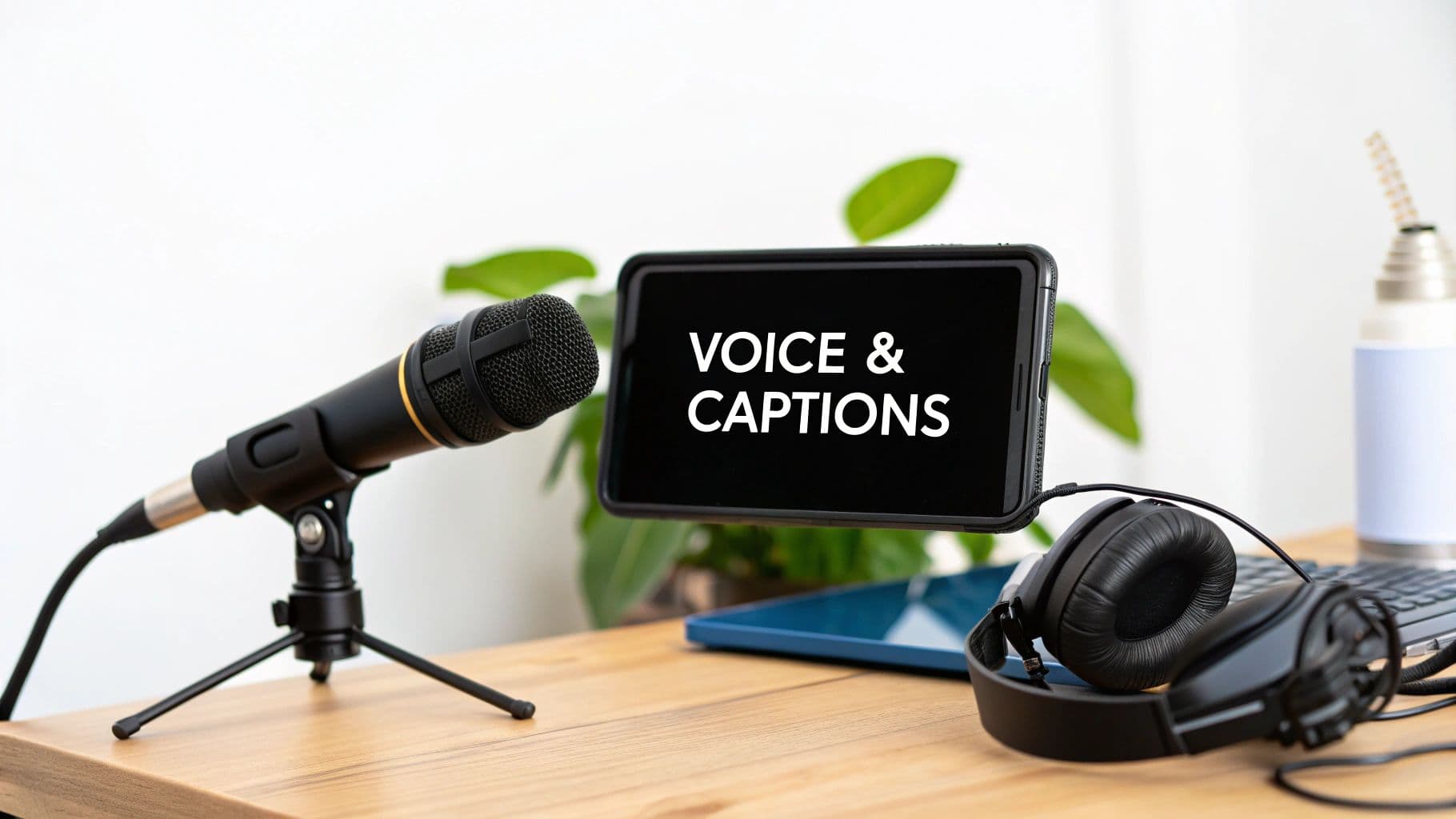 Microphone, smartphone displaying voice and captions text, and headphones on wooden desk for content creation