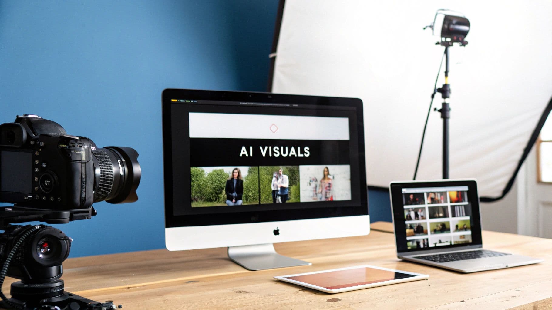 Professional photography studio setup with camera, computer displaying AI visuals, and video editing equipment