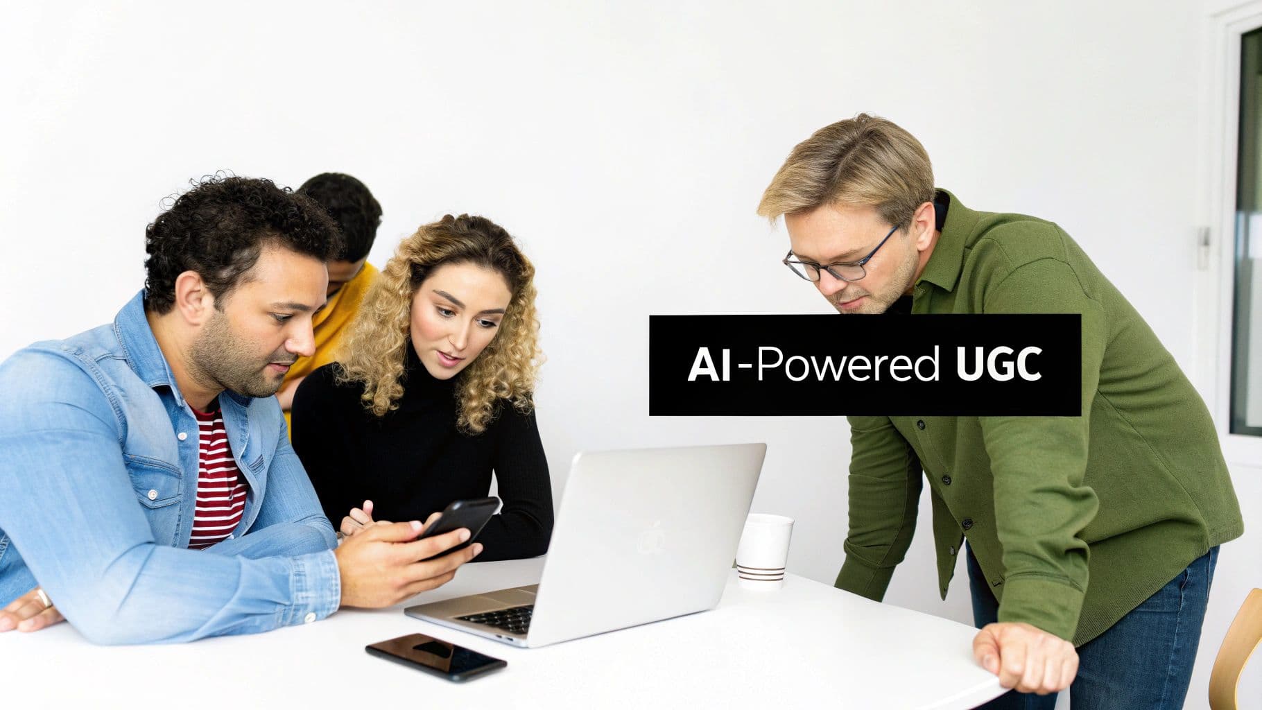 A diverse group of professionals collaboratively working on a laptop and phones, featuring 'AI-Powered UGC' overlay.