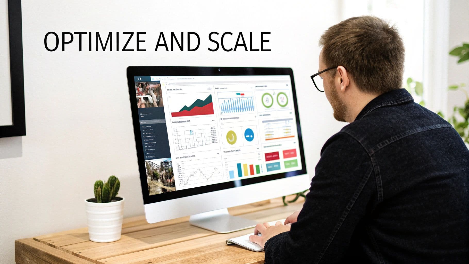 Man with glasses views a computer monitor displaying business analytics, charts, and data.