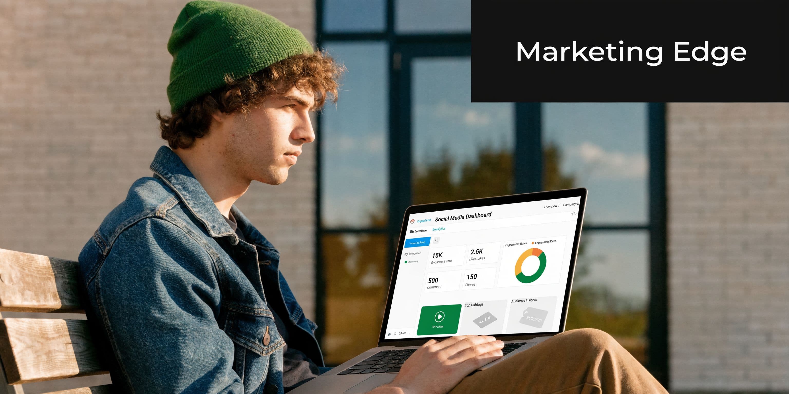 A young man wearing a green beanie sitting on a bench using a laptop to view analytics.