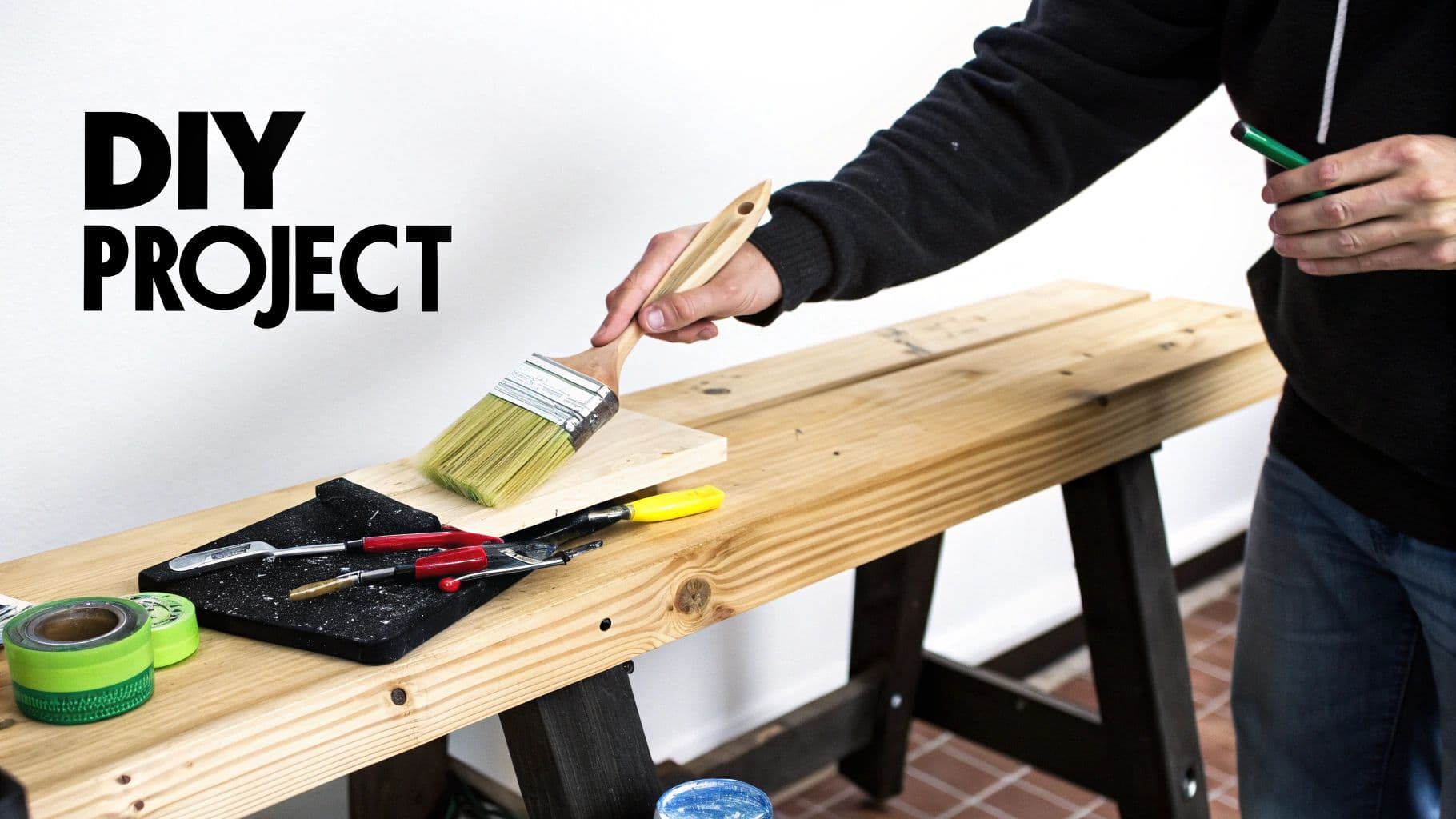 Person applying finish to wooden plank with paintbrush for DIY woodworking project tutorial