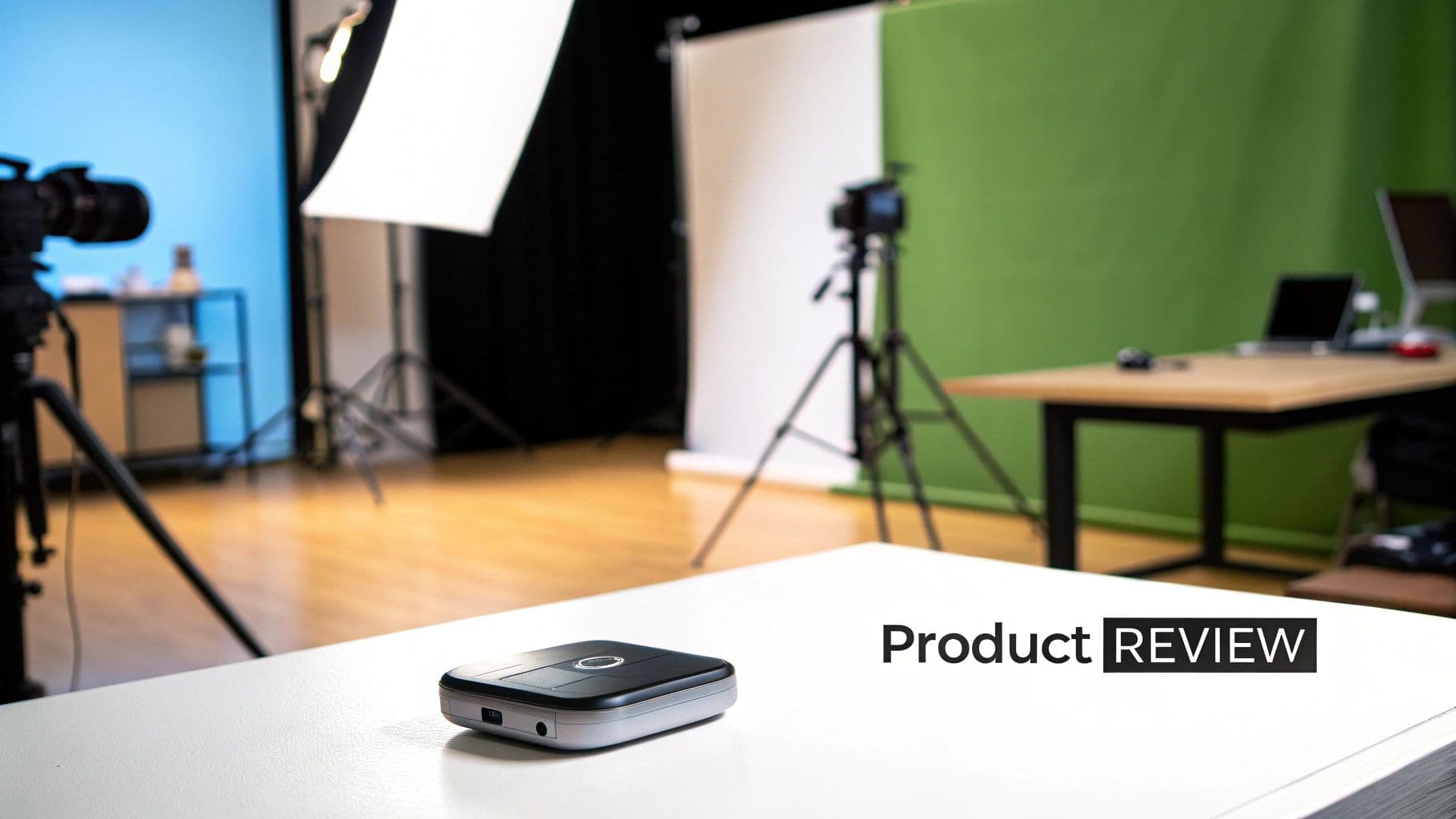 Professional video studio setup with green screen, lighting equipment, and recording device for product review content