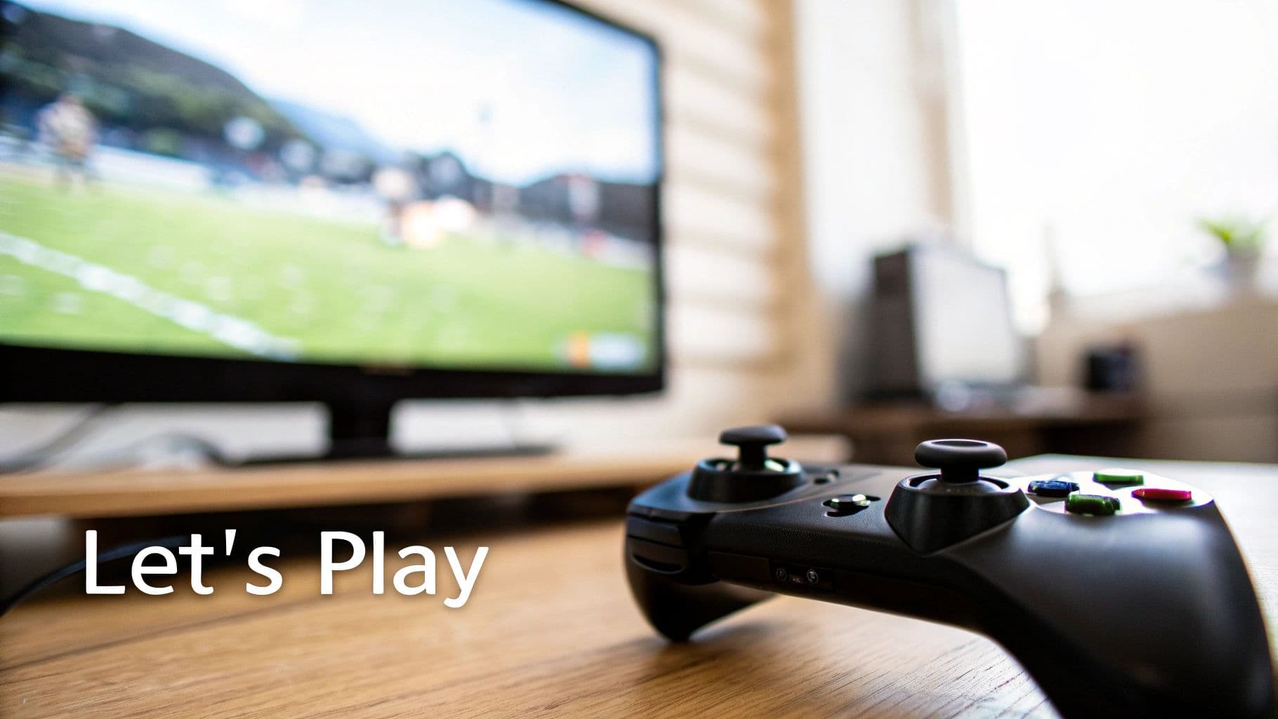 Gaming controller and monitor displaying sports game with Let's Play text overlay on wooden desk