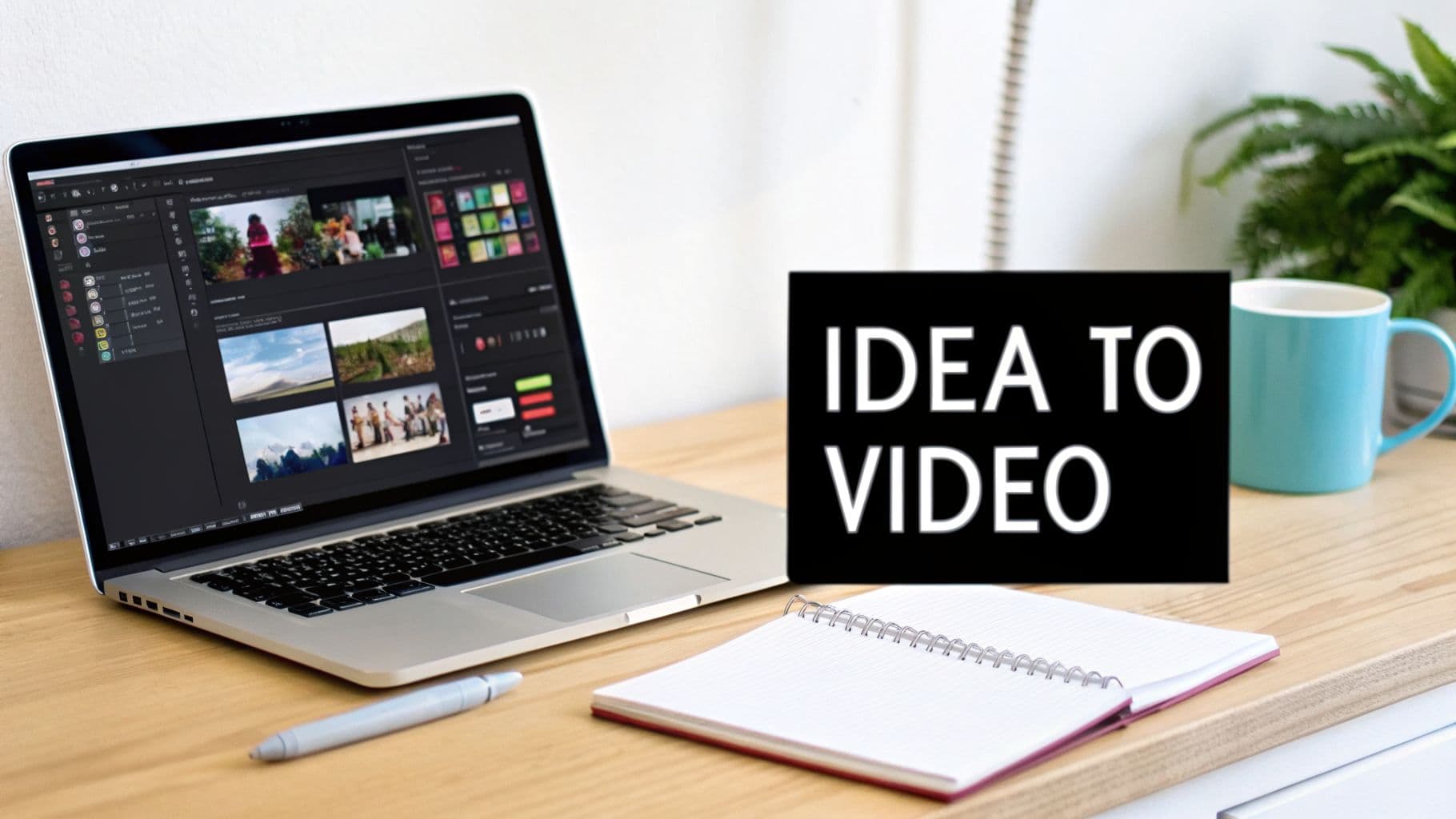 A laptop with video editing software, a sign saying "IDEA TO VIDEO," a notebook, and a pen.