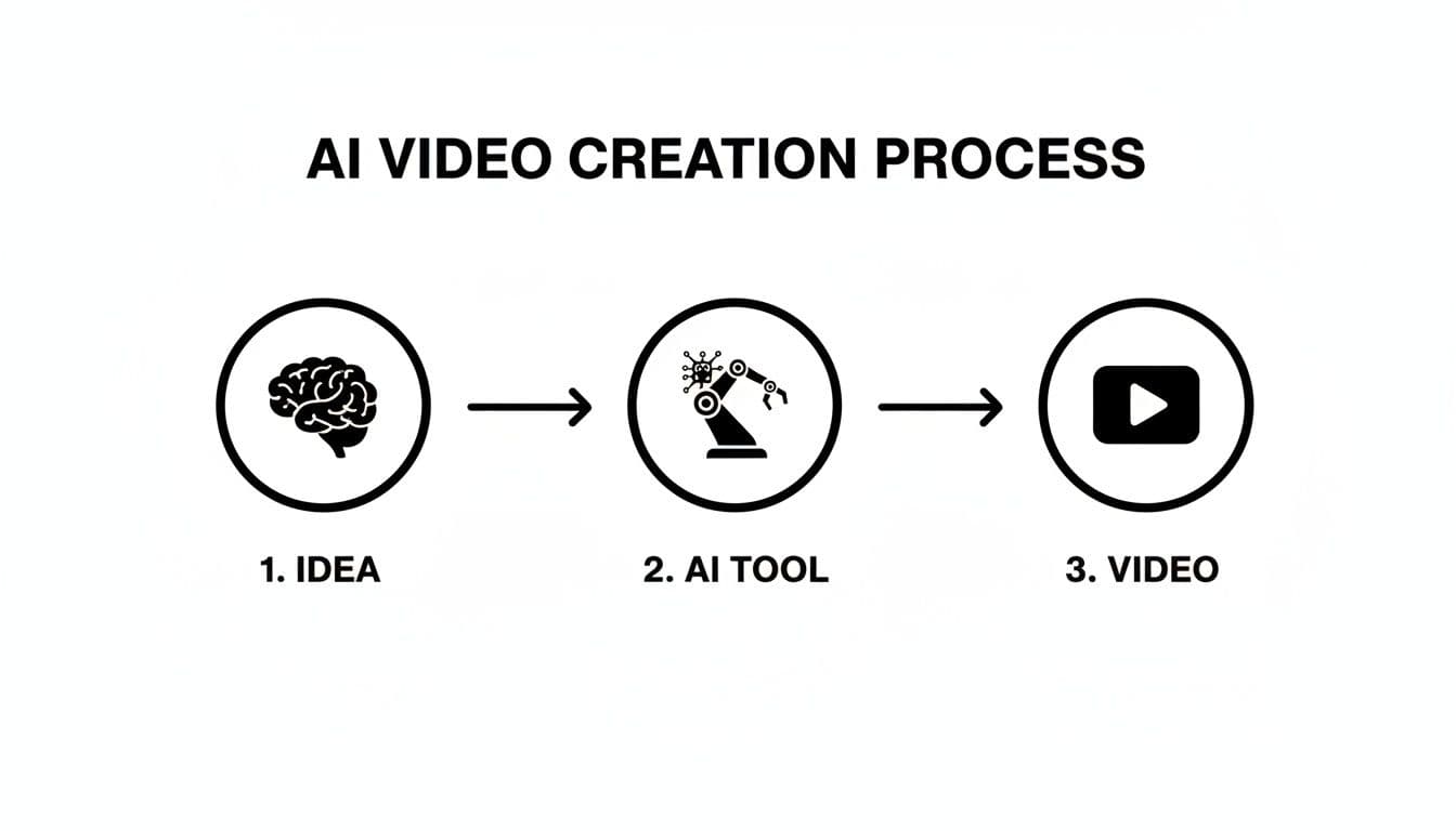 A diagram illustrating the AI video creation process: Idea (brain), AI Tool (robot), and Video (play button).