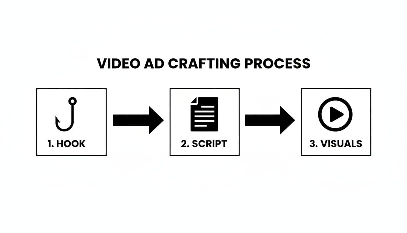 A diagram outlining the video ad crafting process, showing three sequential steps: Hook, Script, and Visuals.