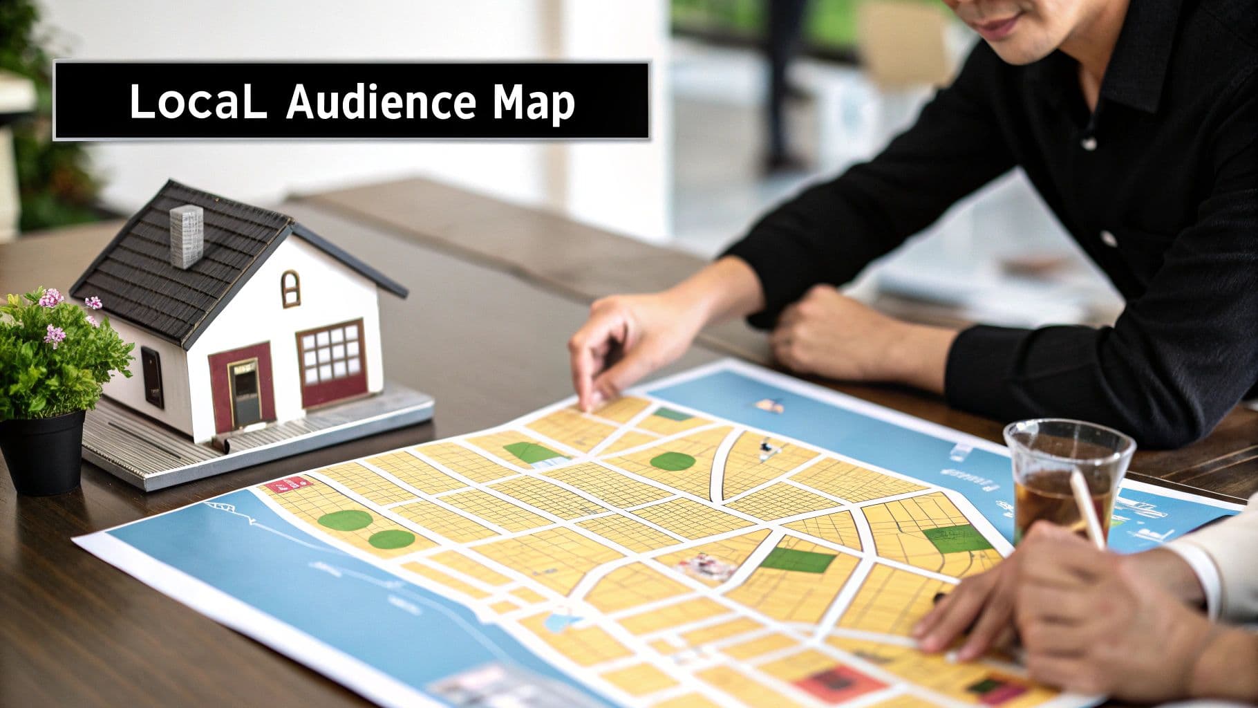 Two people analyzing a local audience map with a miniature house, planning business strategies.