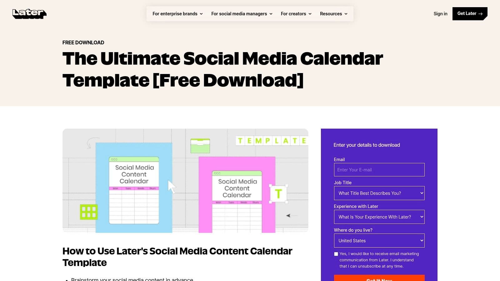 Later — Social Media Calendar Template + In-App Calendar