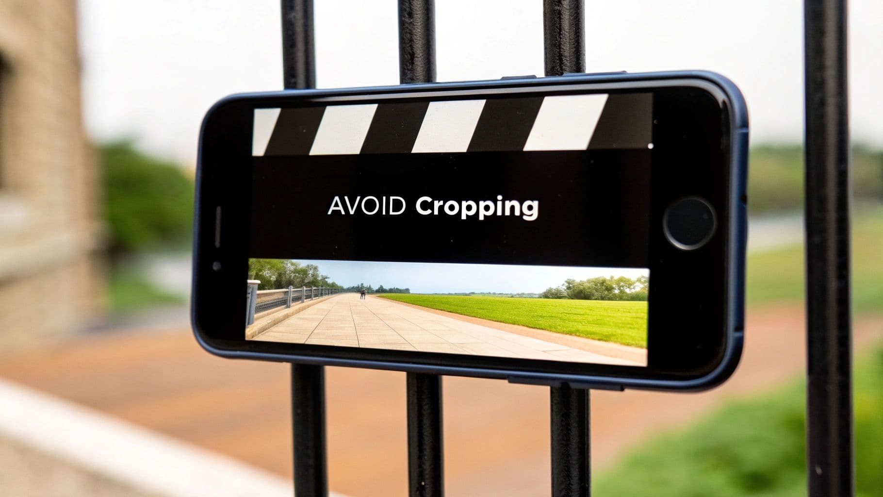 A smartphone displaying a film clapperboard with "AVOID Cropping" and a panoramic landscape rests on a black fence.