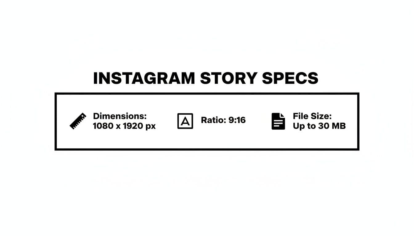 Instagram Story Specs with dimensions 1080x1920px, 9:16 ratio, and file size up to 30MB.