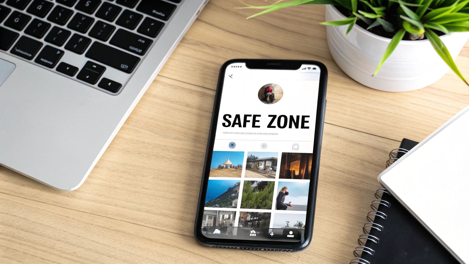 Overhead shot of a smartphone showing a 'SAFE ZONE' social media profile with photos, next to a laptop and plant on a wooden desk.