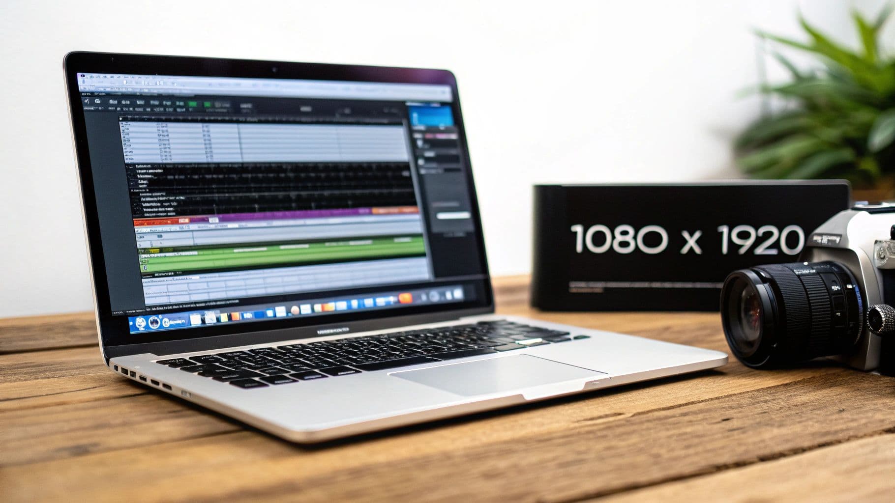 A laptop running music production software, a box displaying 1080 x 1920, and a camera with lens on a wooden desk.