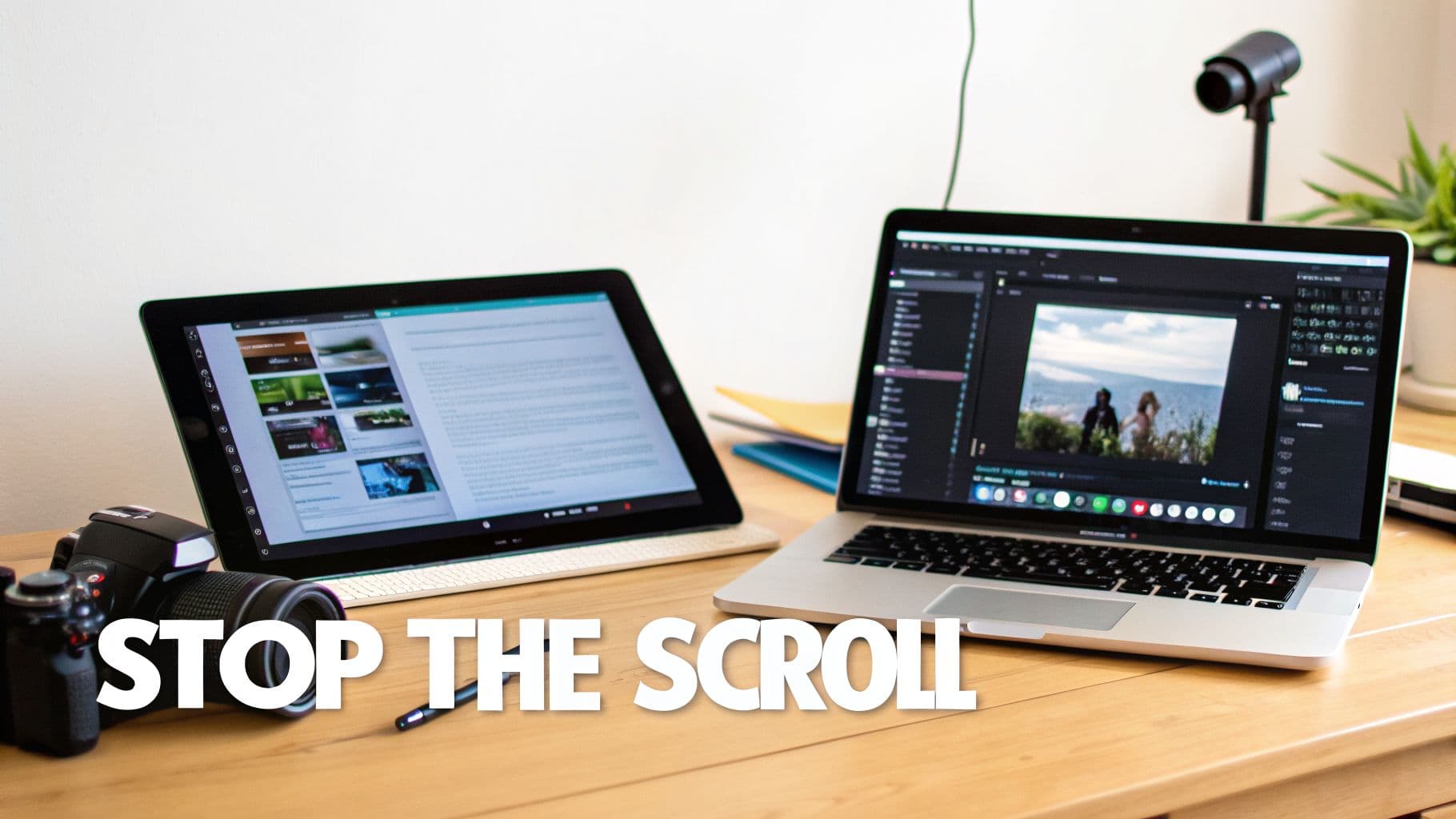 A creative workspace featuring a laptop, tablet, and camera on a wooden desk, ready for digital content creation.
