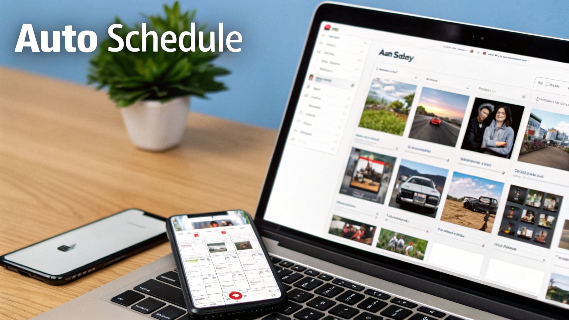 Laptop and smartphone on a wooden desk displaying social media content creation and scheduling apps.