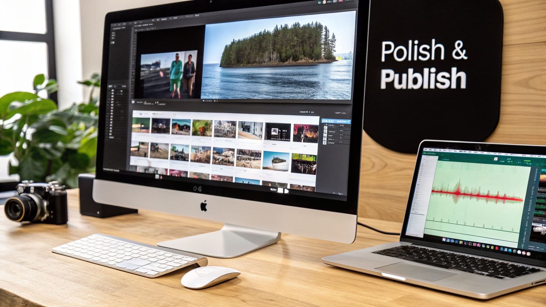 A modern digital workspace with an iMac, MacBook, camera, and 'Polish & Publish' sign, highlighting content creation.
