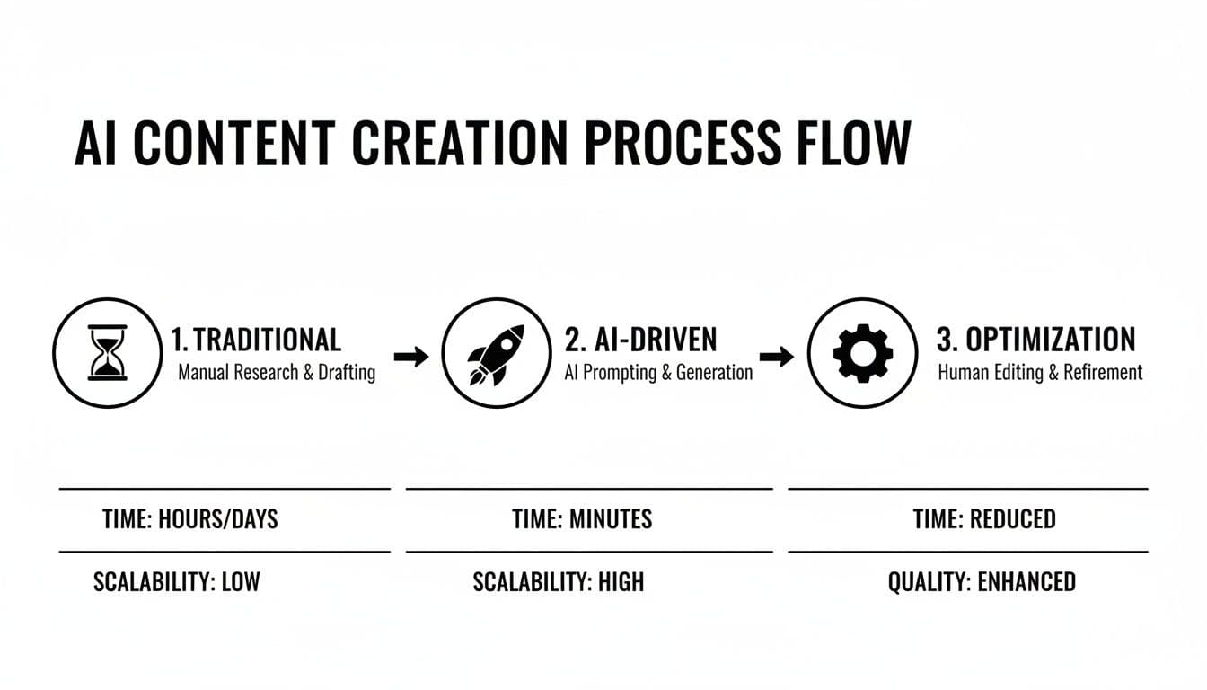 A diagram illustrating a three-step AI content creation process flow, from traditional to AI-driven with optimization.