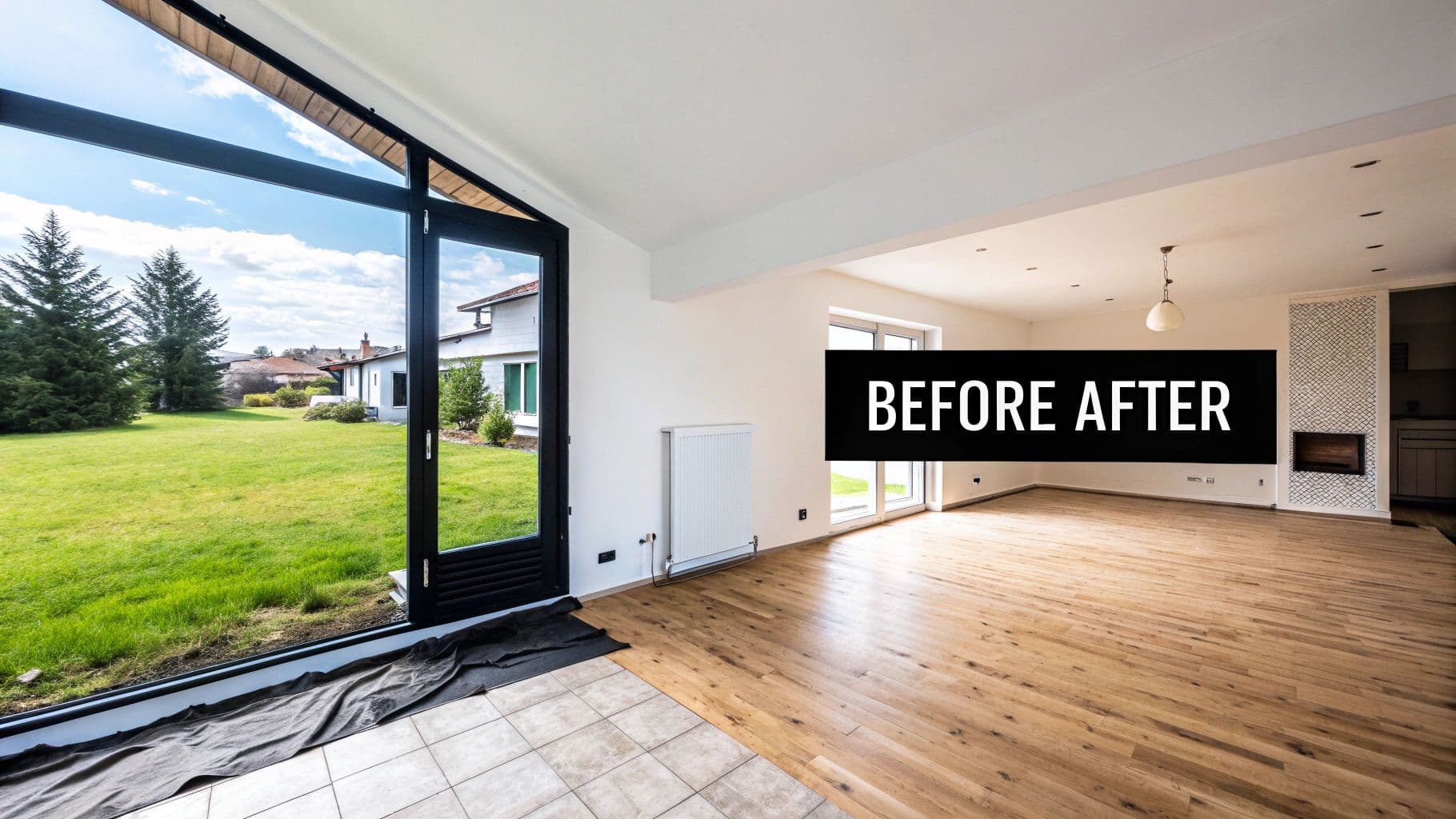 Empty renovated room with new wooden floor, white walls, large window to garden, and a 'BEFORE AFTER' text overlay.