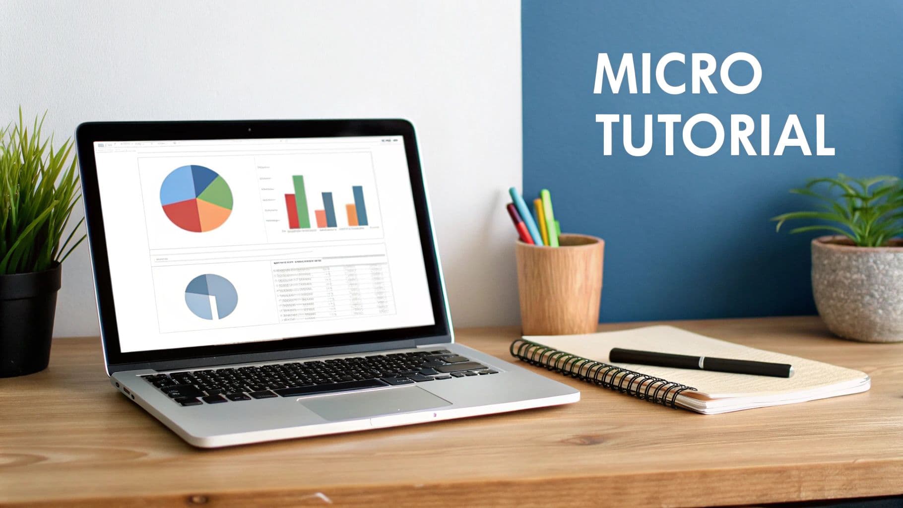 A modern workspace with a laptop displaying data charts, colorful pens, a notebook, and plants, with 'MICRO TUTORIAL' text.