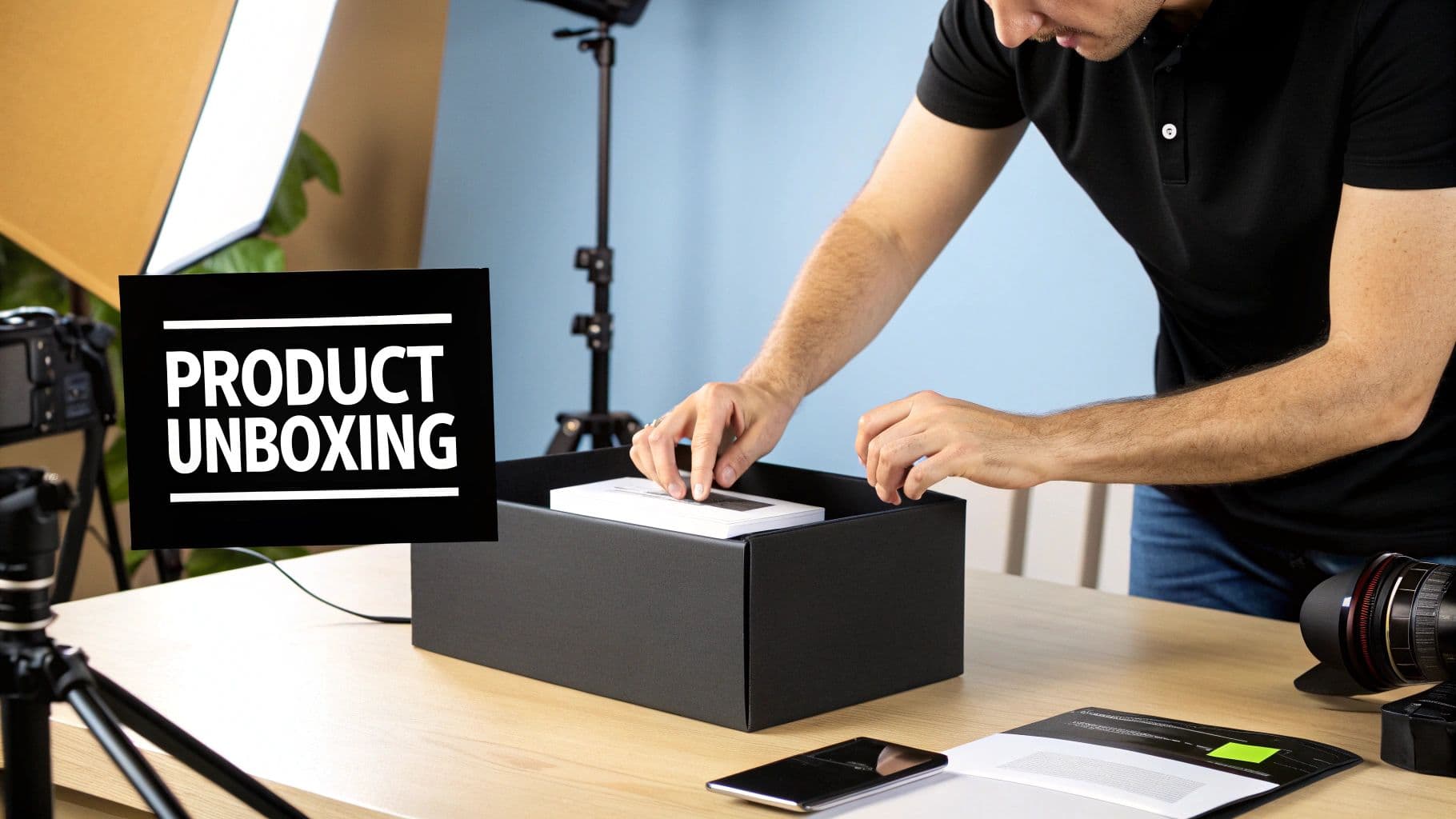 A man unboxes a product from a black box, with camera equipment set up for a product unboxing video.