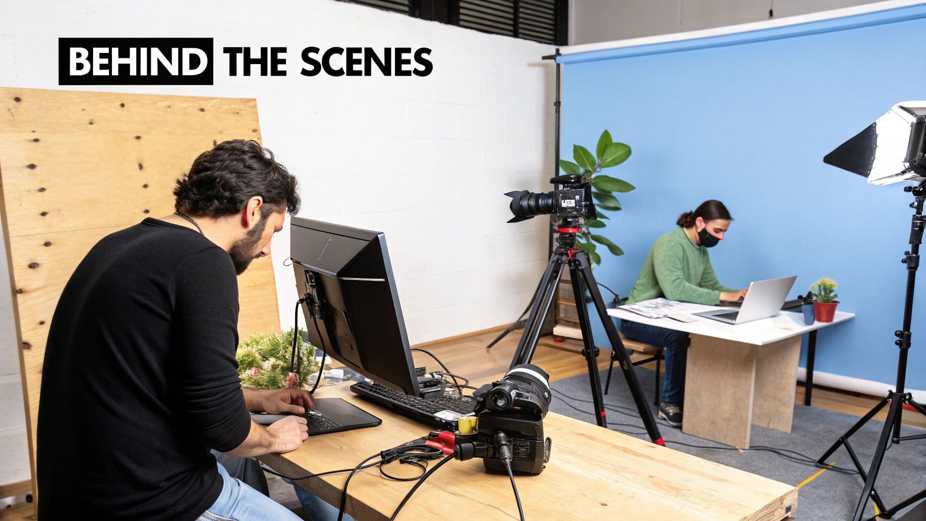 Behind-the-scenes of video production, showing two people working with cameras and computers in a studio.
