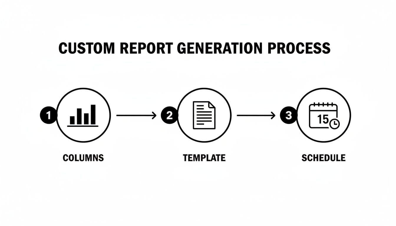 A three-step custom report generation process illustrating columns, template, and schedule using icons.