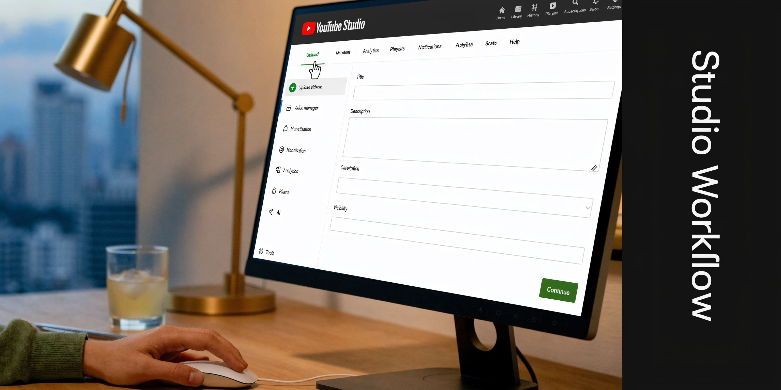 A person using a computer monitor to access the YouTube Studio interface for uploading new video content.