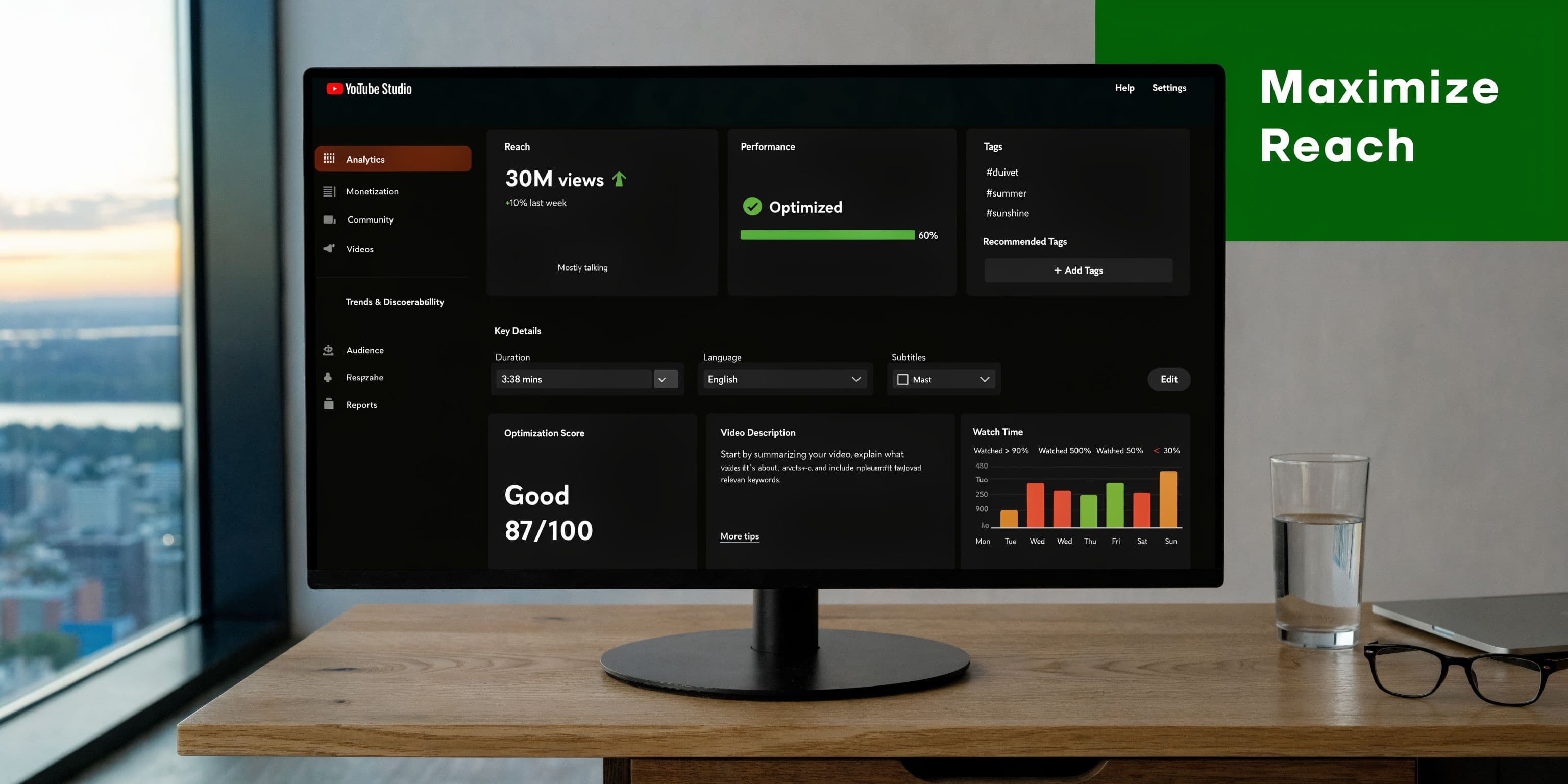 A computer monitor displaying a YouTube Studio analytics dashboard to help users maximize video reach and performance.