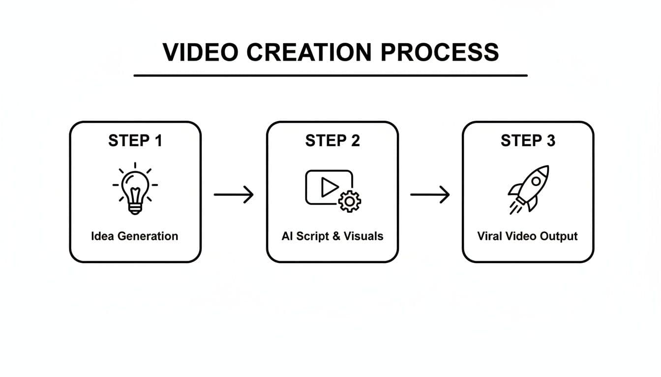 A three-step diagram illustrating the video creation process: Idea Generation, AI Script & Visuals, and Viral Video Output.