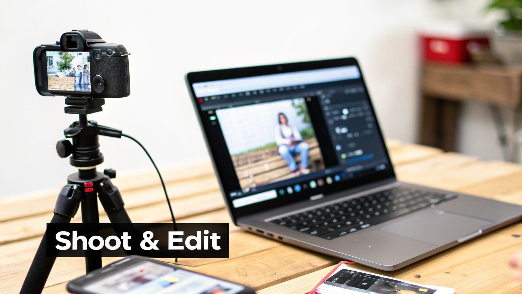A camera on a tripod, a laptop showing editing software, and a smartphone on a wooden desk.