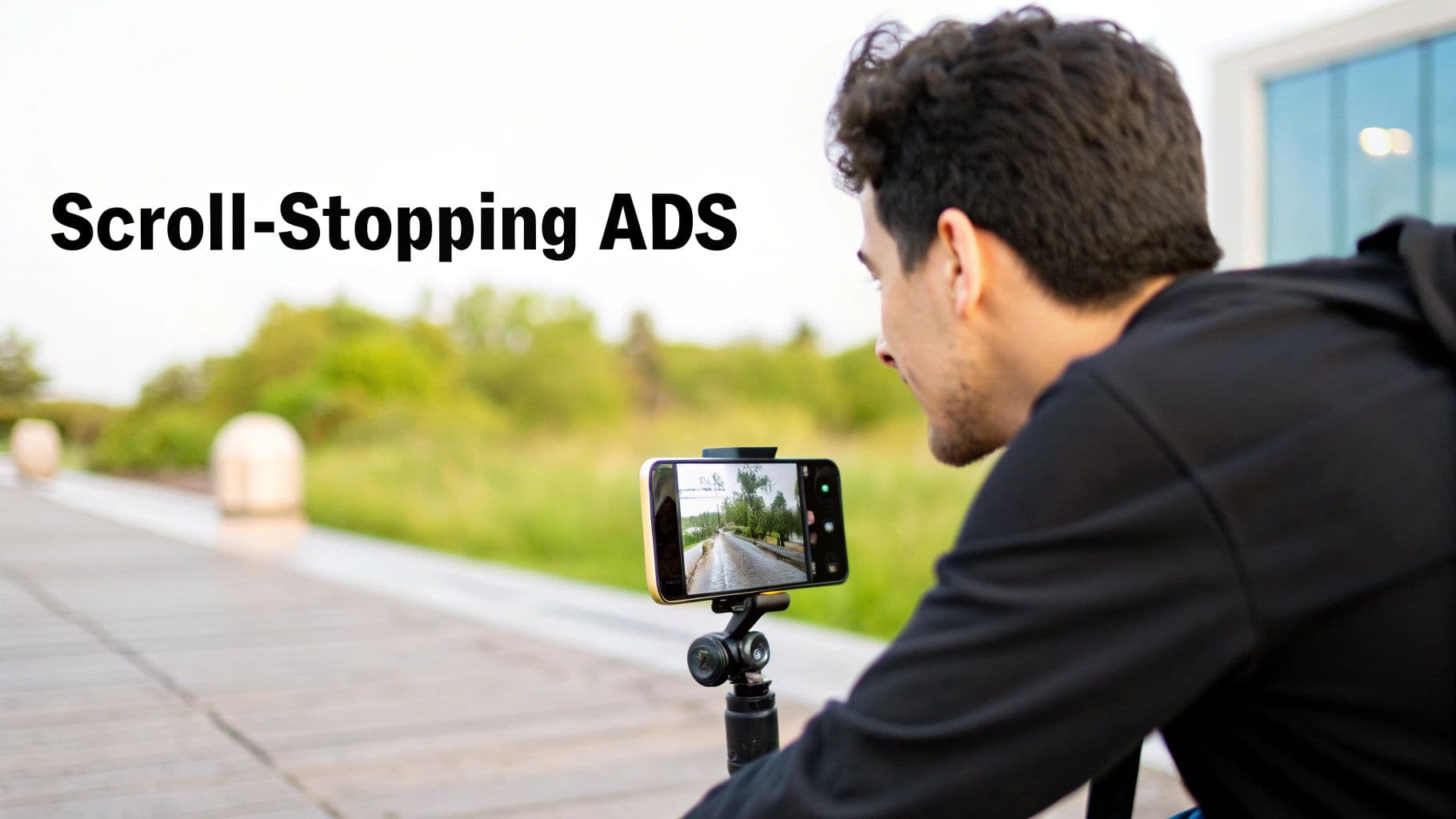 A man records a video outdoors with his smartphone on a tripod, featuring the text 'Scroll-Stopping ADS'.