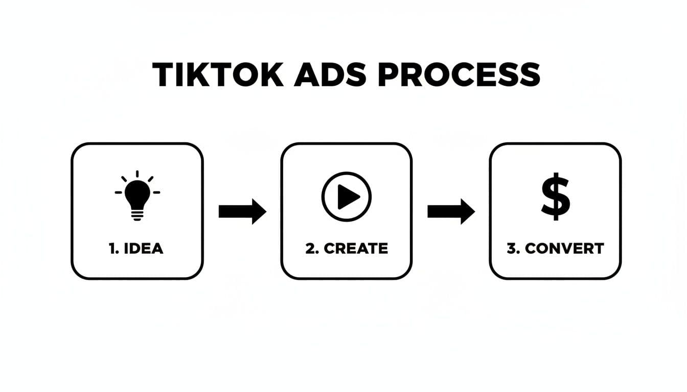 A visual diagram illustrating the 3-step TikTok ads process: Idea, Create, Convert.