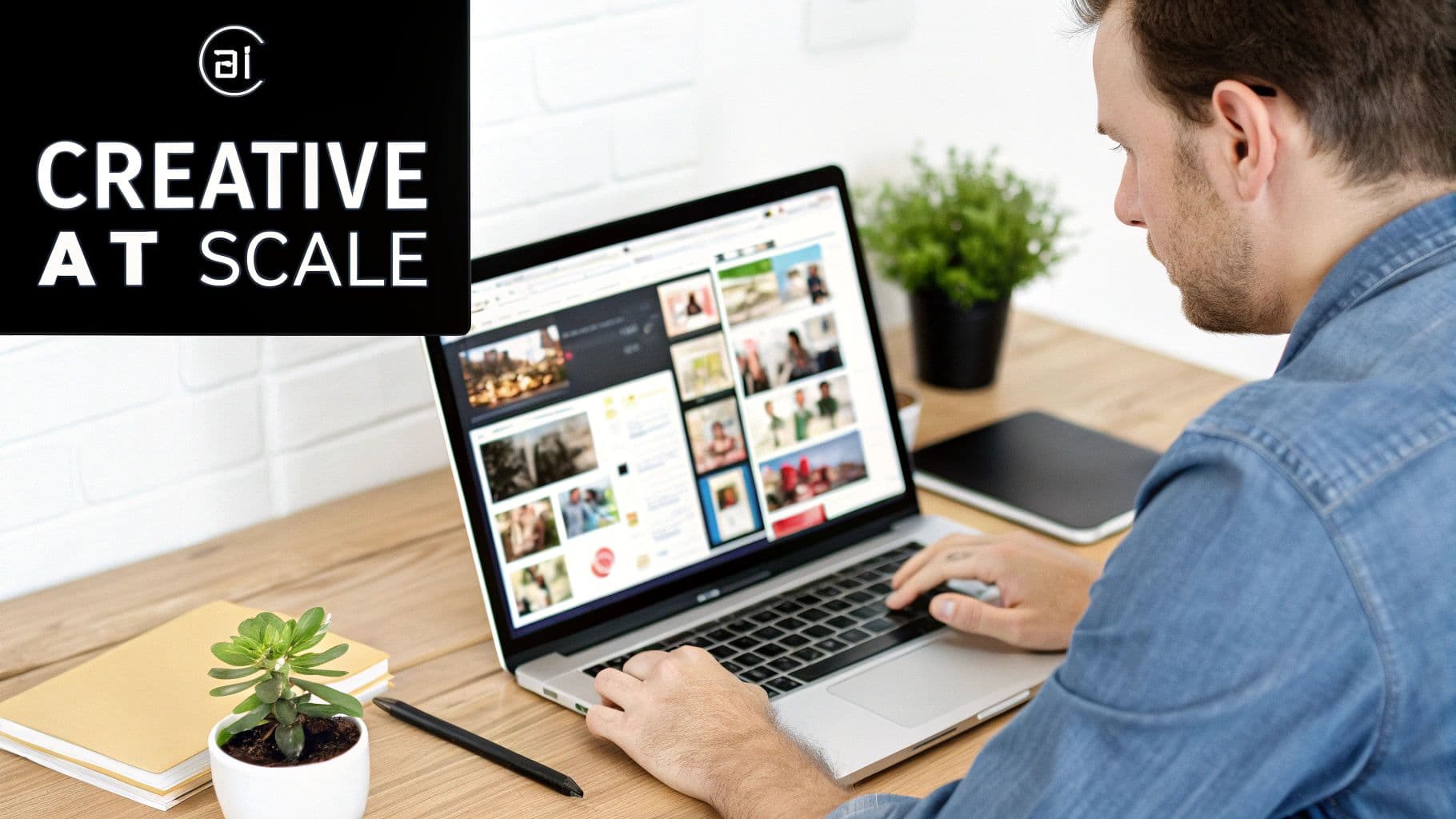 A man in a denim shirt works on a laptop displaying many images, with 'CREATIVE AT SCALE' text.