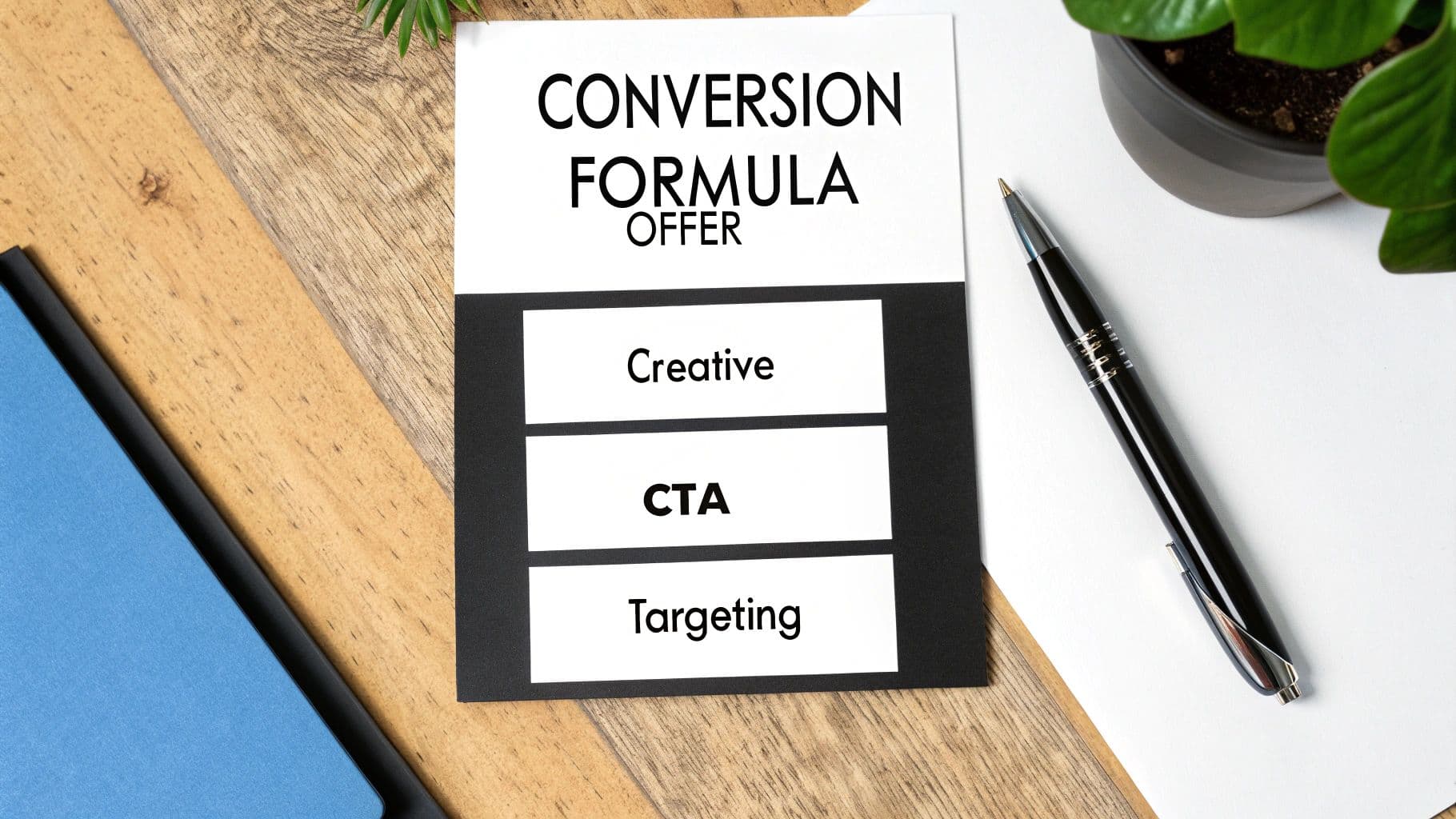 A white and black note displaying 'CONVERSION FORMULA OFFER' with 'Creative', 'CTA', and 'Targeting' on a wooden desk.