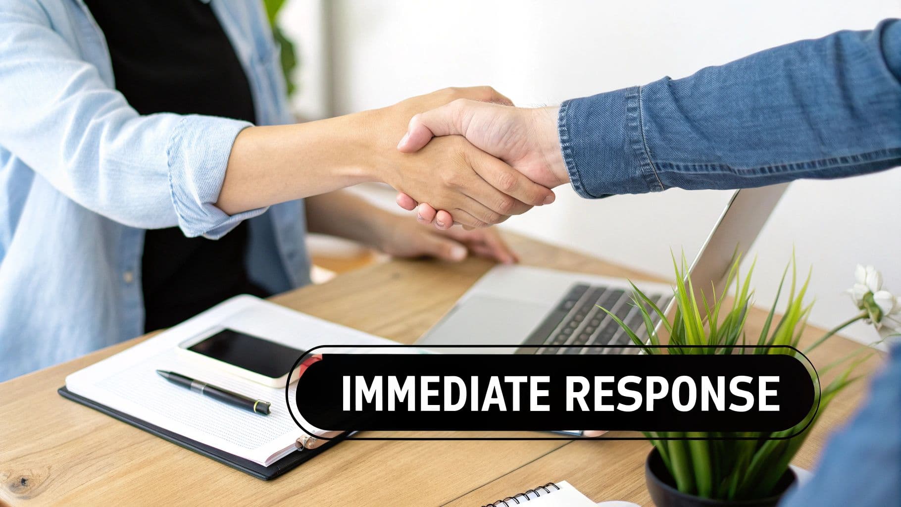 Two people shaking hands over a desk with a laptop and 'IMMEDIATE RESPONSE' text.