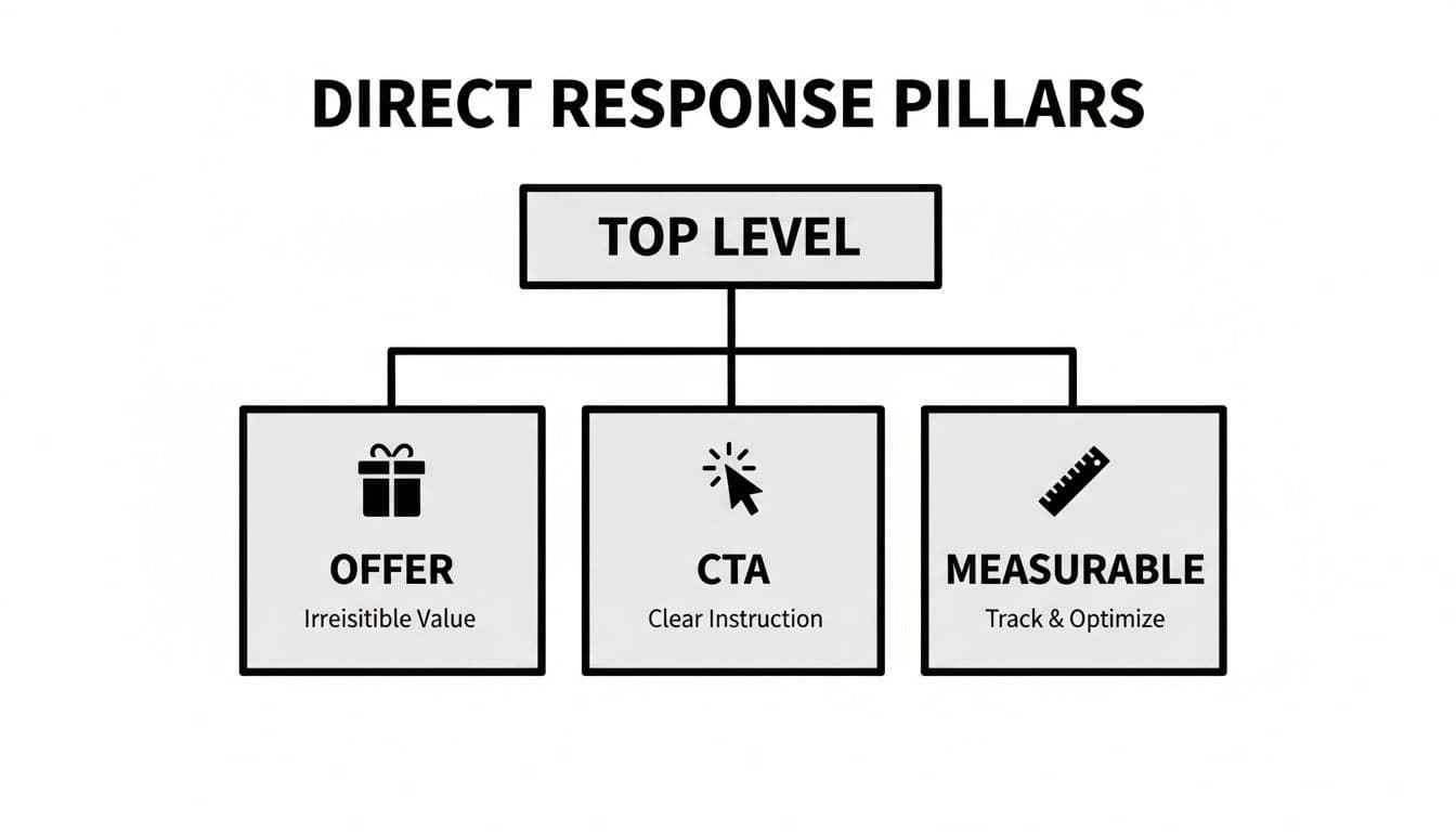 Diagram illustrating Direct Response Pillars: Offer, CTA (Call to Action), and Measurable elements with descriptions.