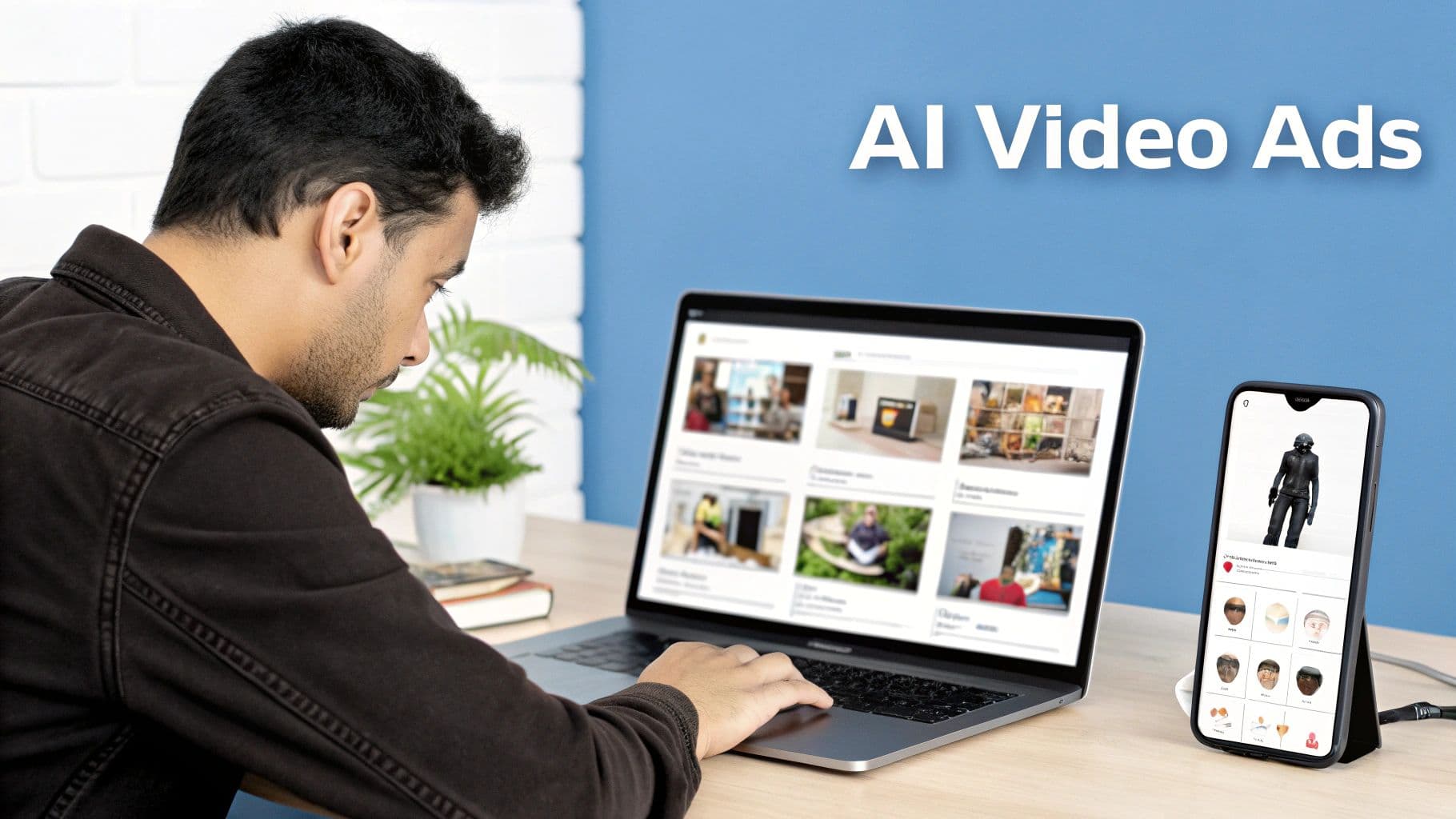 A person intently working on a laptop and smartphone, showcasing AI video ads.