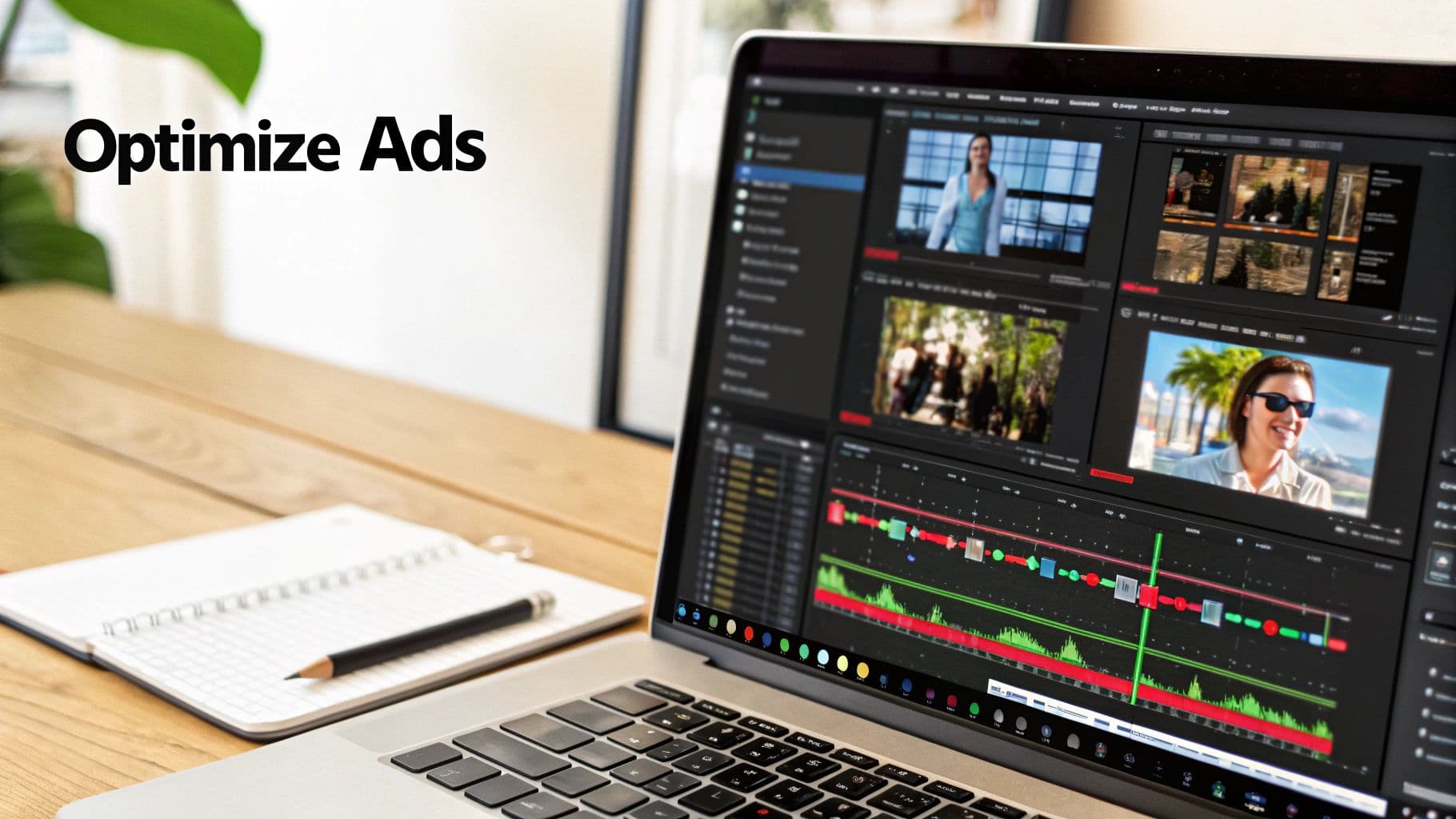 Laptop on a wooden desk displays video editing software for optimizing ads, with a notebook.