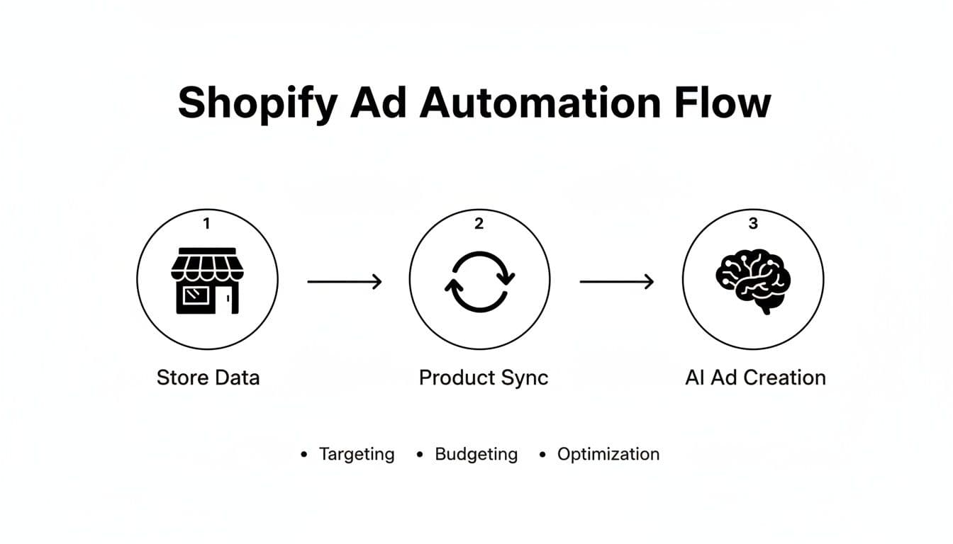 Shopify Ad Automation Flow diagram, detailing steps: Store Data, Product Sync, and AI Ad Creation with optimization.