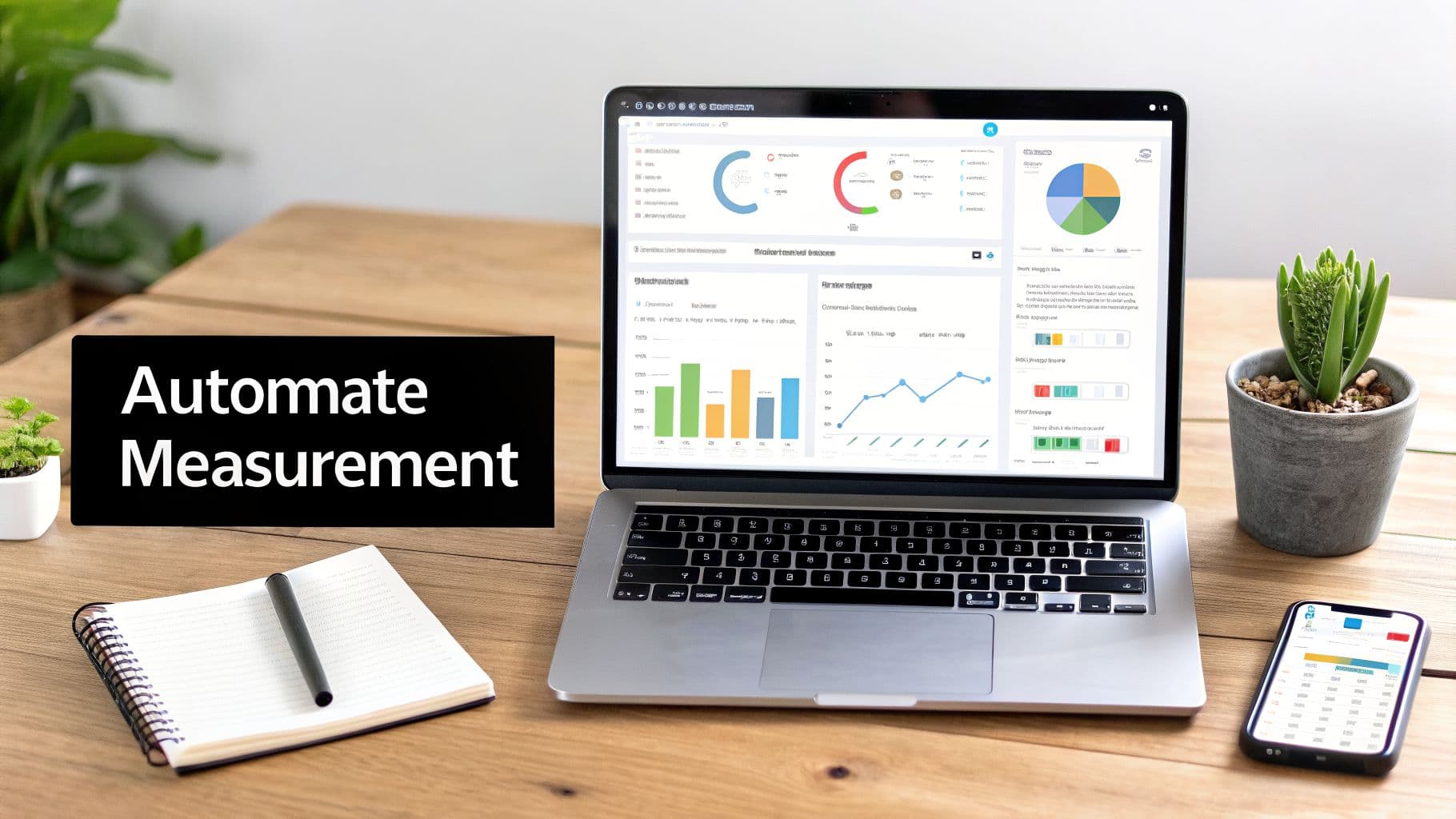 A laptop displaying a data dashboard with charts and graphs, a smartphone, a notebook with a pen, and plants on a wooden table, featuring the text 'Automate Measurement'.